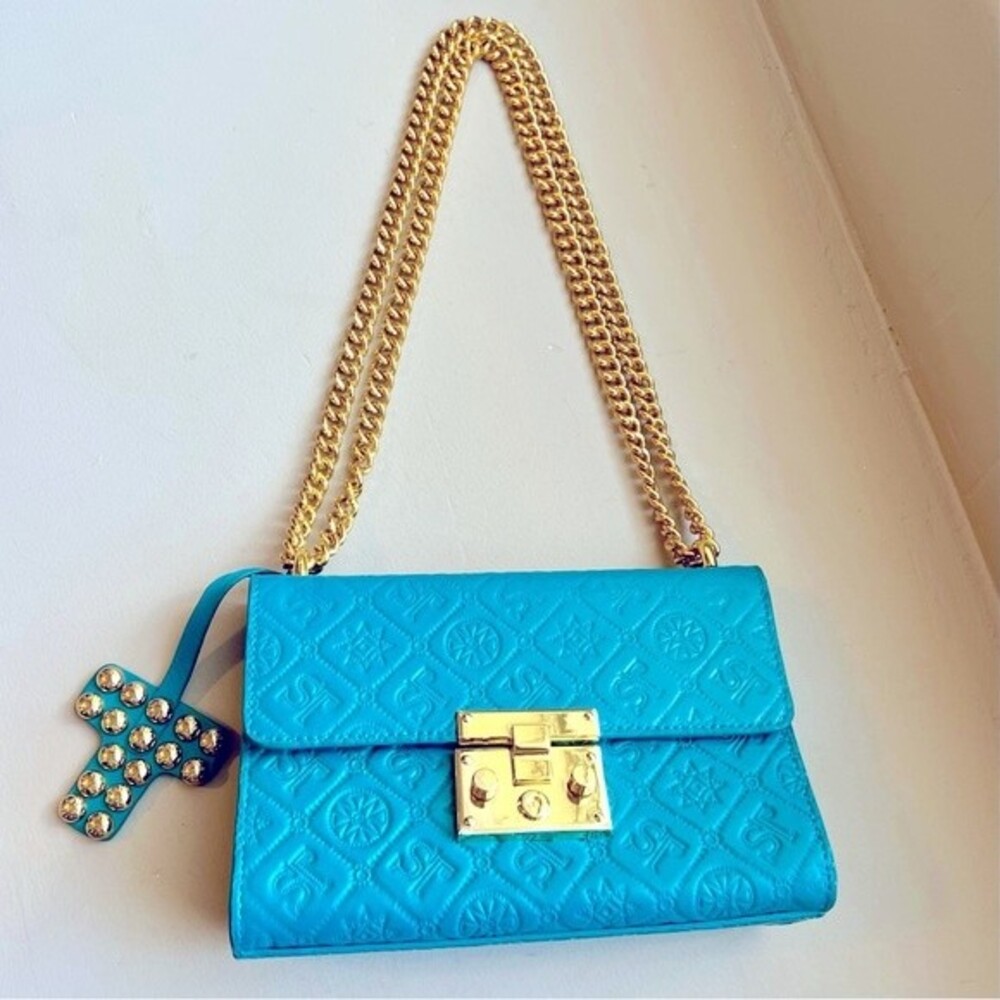 Silvio Tossi Teal Embossed Leather Handbag with Gold-tone Chain Adjustable Strap